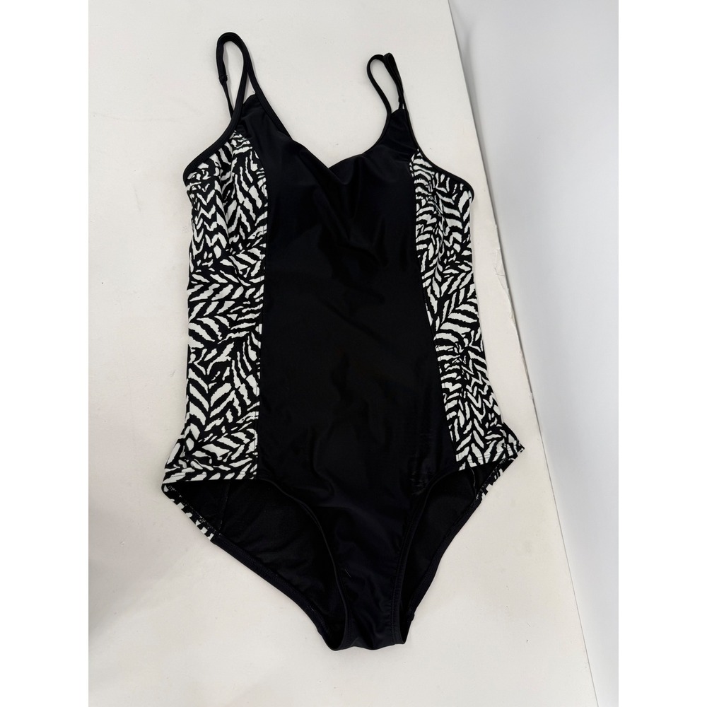 Tahiti Womens Black White Leaf Print One‎ Piece Swimsuit Sz L (12-14)